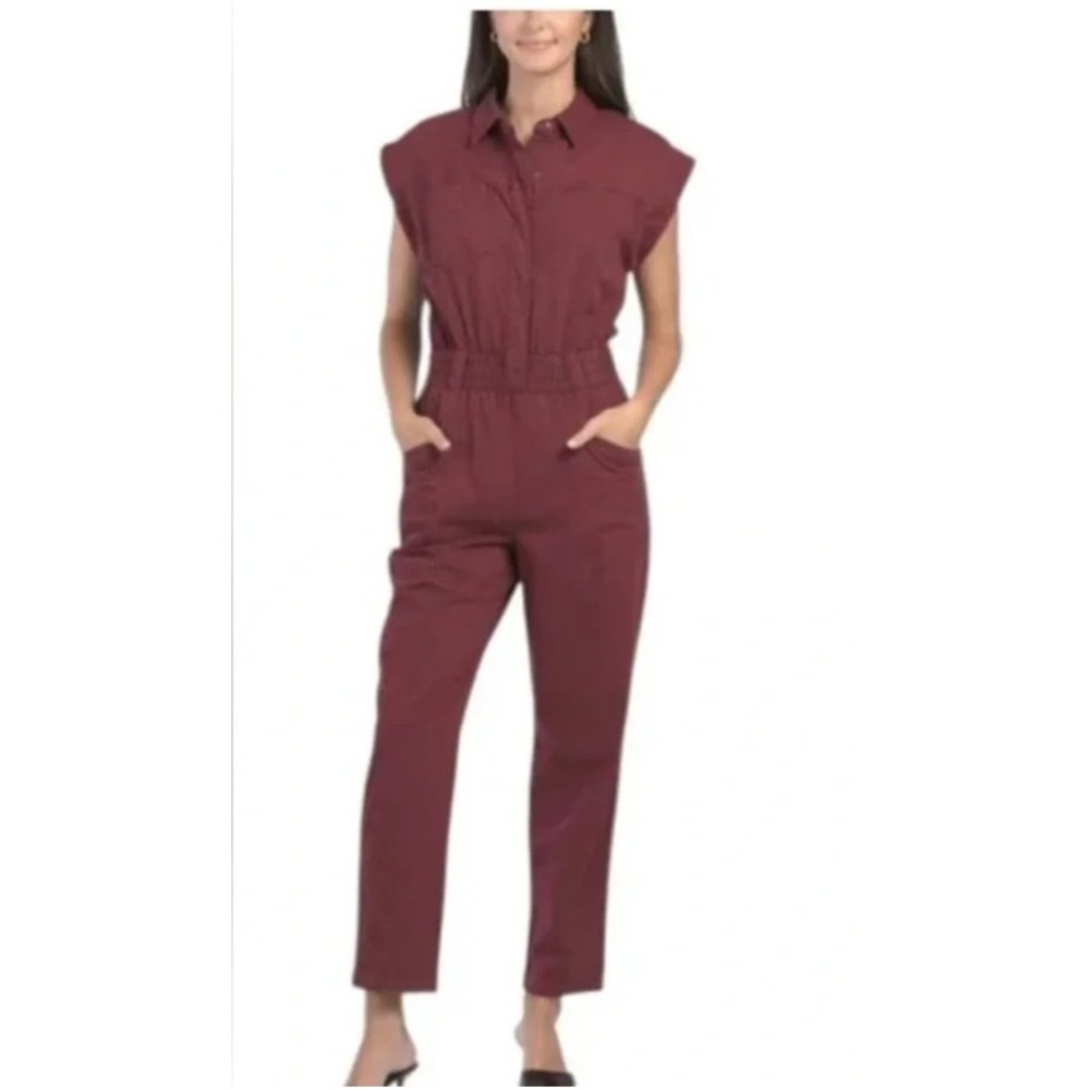 Pistola Rosie Smocked Waist Jumpsuit Size S Burgundy Utility Sleeveless Cotton